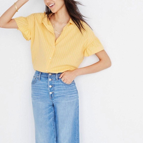 Madewell Tops - Madewell Central Striped Ruffle Sleeve Button Up Shirt in Butter Yellow size S